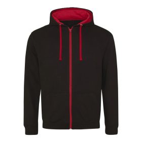   Just Hoods Kontrasztos Zippzáras Kapucnis Pulóver Jet Black/Fire Red